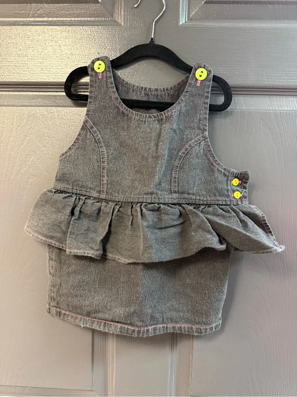 Vintage 80s Ruffle Denim Kids Dress with Neon Buttons